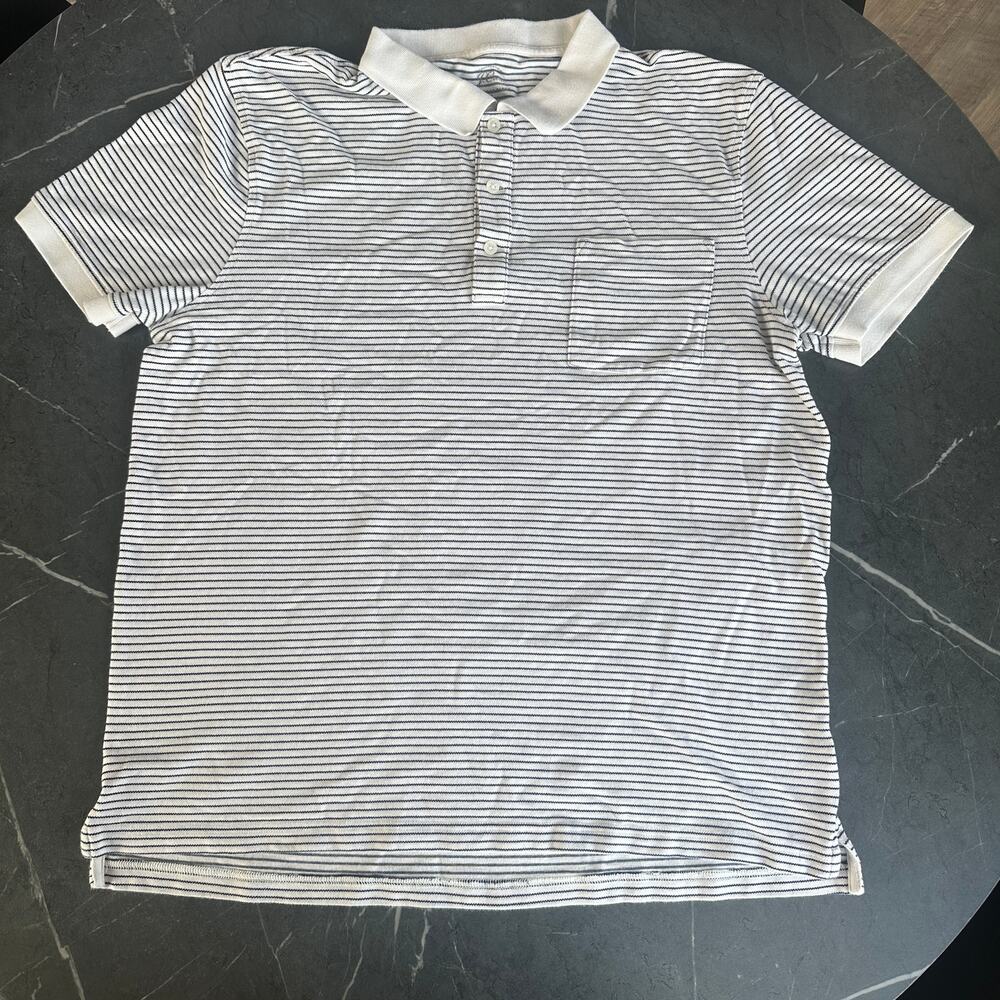 Men's J. Crew Stretch Pique Knit Goods Polo Size XL White & Navy Stripe Top
